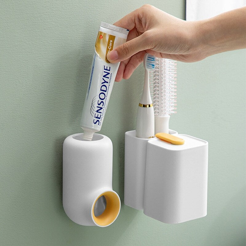 Automatic Toothpaste Dispenser Creative Wall-Mounted Toothbrush Holder Punch-Free Toothpaste Holder Bathroom