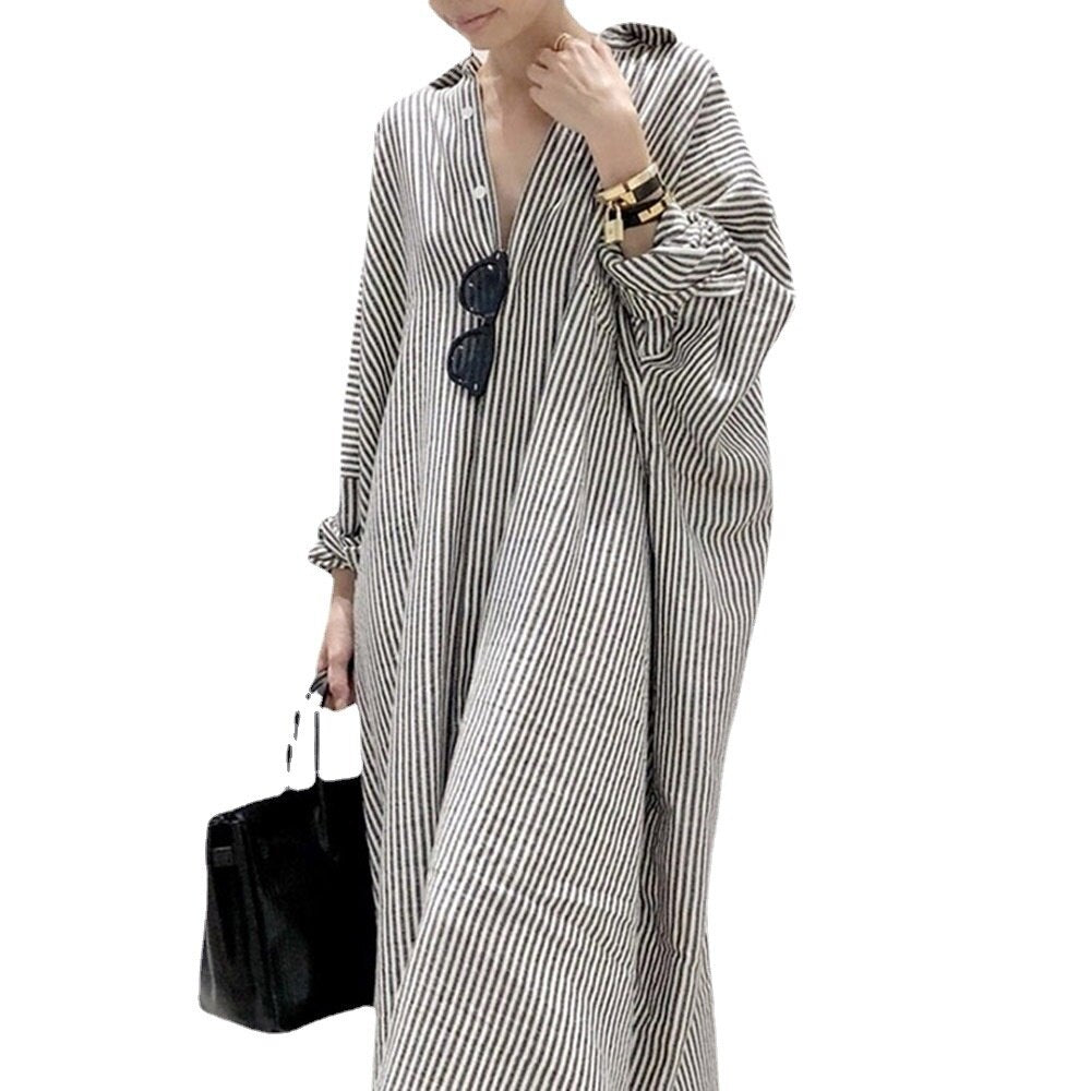 Lengthened Shirt Dress Spring and Autumn BF Style Striped Cardigan Shirt Long Sleeve Sunscreen Coat Women