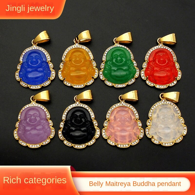 9 culori din oțel inoxidabil cu diamant încorporat în calcedonie malaysiană Maitreya Buddha pandantiv Ornament pentru burtă mare pandantiv Maitreya Buddha