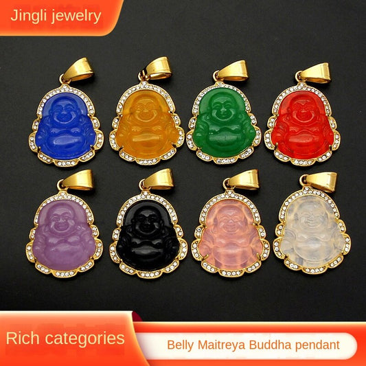 9-Color Stainless Steel Diamond-Embedded Malay Chalcedony Maitreya Buddha Pendant Ornament Big Belly Maitreya Buddha Pendant