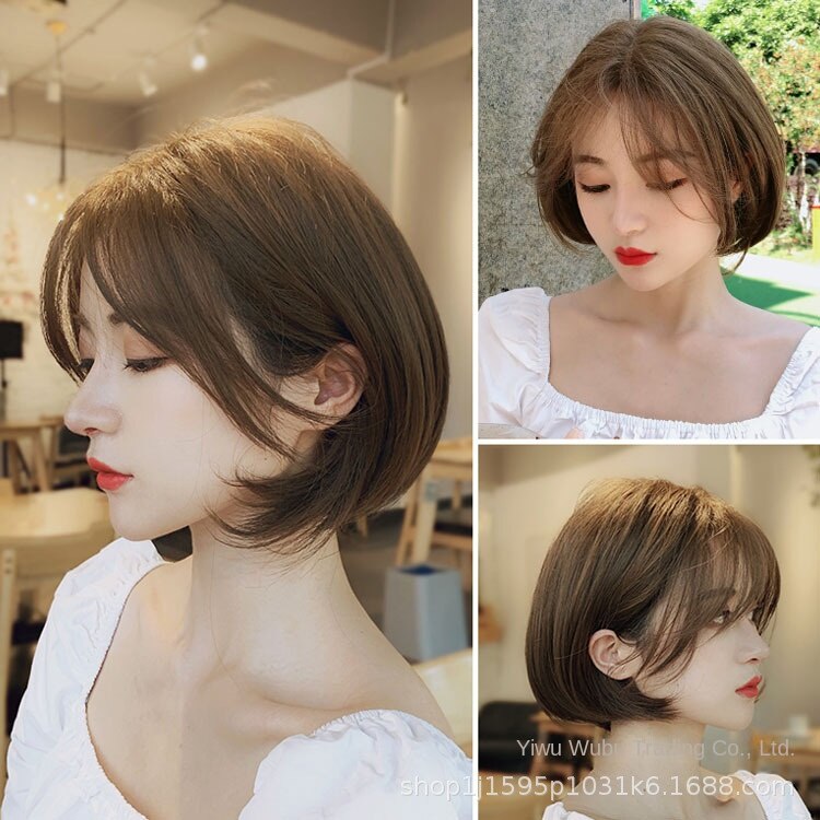 Wig Women's Short Hair Korean Style Natural Realistic Fluffy Bob Haircut Inner Buckle High-Temperature Fiber Sweet Cocoa Short Curly Wig