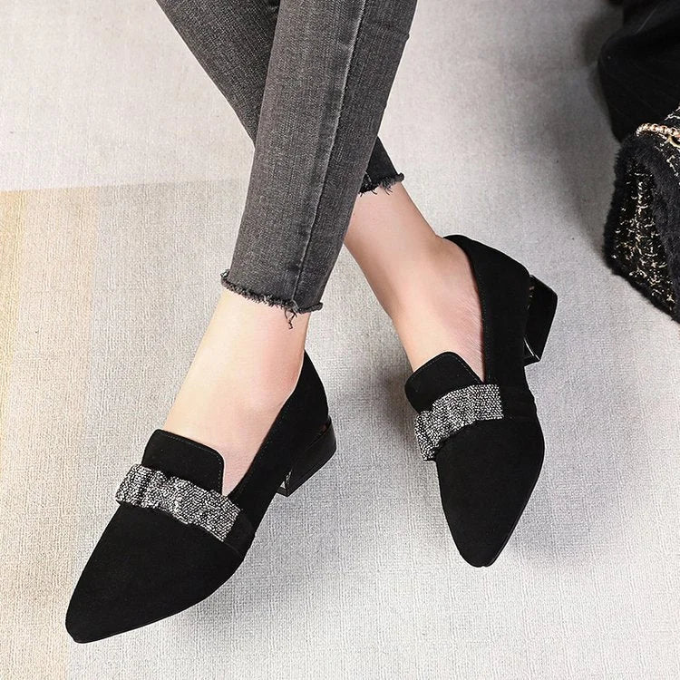 🔥Hot Sale 50% OFF🔥Rhinestone Deep Mouth Pumps Women's Frosted Sheepskin 2021 Autumn Chunky Heel Slip-on Fashion Small Size 31 Low Heel Shoes Pointed Toe